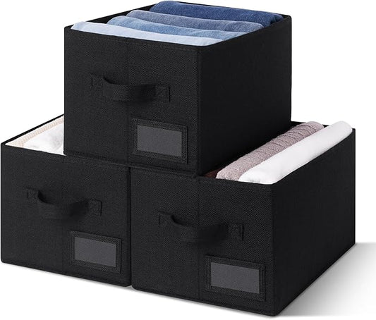GRANNY SAYS Shelf Storage Bins, Fabric Storage Baskets for Closet and Clothes, Collapsible Storage Boxes with Handles, Decorative Storage Containers for Bedroom, Black, Medium, 3-Pack