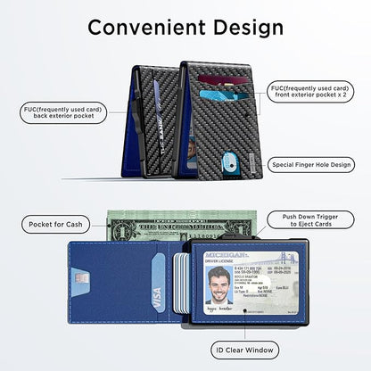 umoven Wallet for Men - Pop Up Case, Cash Slot, and Credit Card Slot - Slim Aluminum Wallet with RFID Blocking, Minimalist Leather Wallet Front Pocket with ID Window (Carbon Blue)