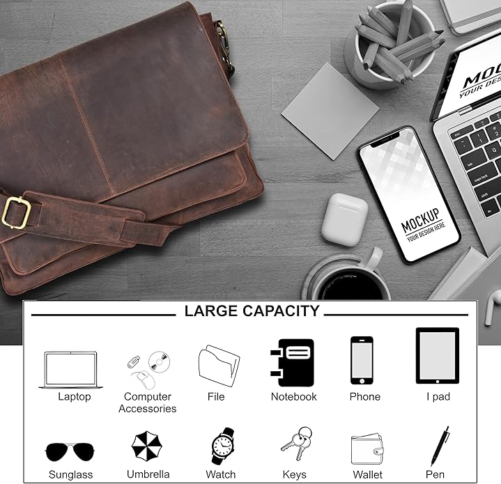 Oak Leathers Leather Messenger Bag for Men and Women - Laptop Briefcase Bag For College, Office, Adjustable Shoulder Strap