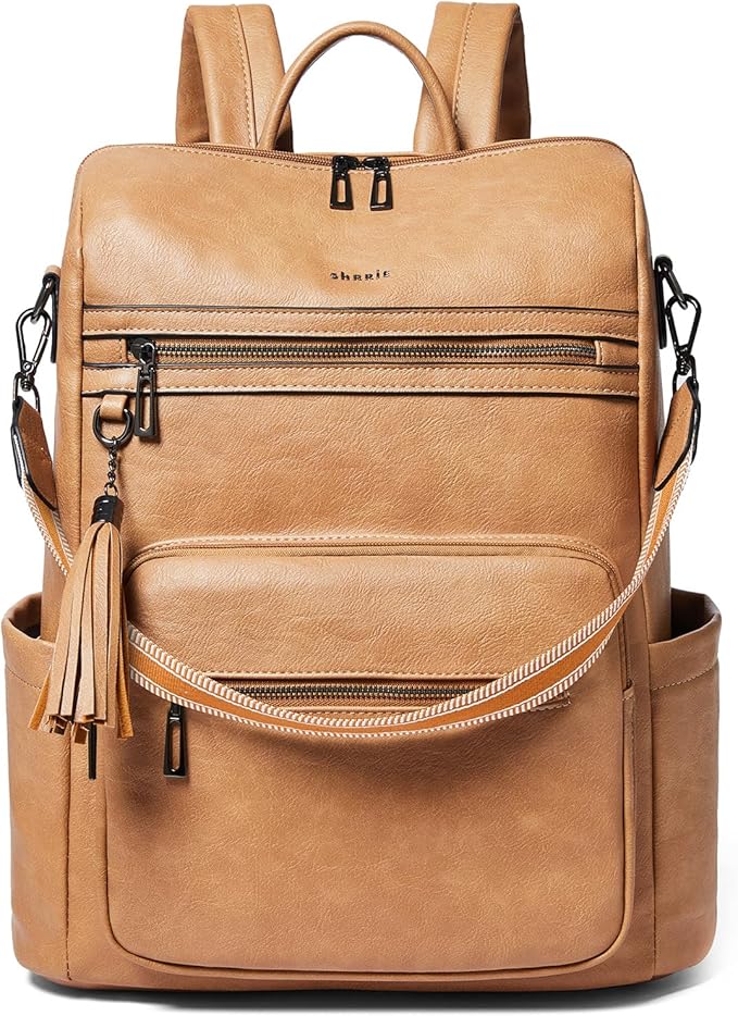 Shrrie 15.6 inch Laptop Backpack for Women,Large Leather Purse,Travel Backpacks Carry on,Water Resistant Casual Laptop Backpacks,College Backpack,Work Backpack for Women,Two-tone Camel Brown