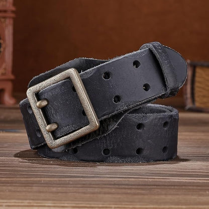 Handcrafted Vintage Style Leather Belt, Brown Full-Grain Leather, Brass Buckle, Double Stitched Design, Casual Wear