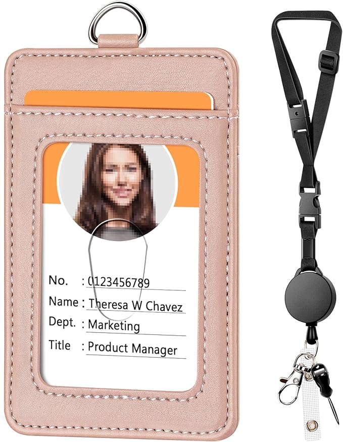 Leather Badge Holder and Adjustable Retractable Lanyards, Quick Release Buckle and Safety Breakaway Lanyards with Swivel Metal Clasp for Offices, Staff, Students, Employees
