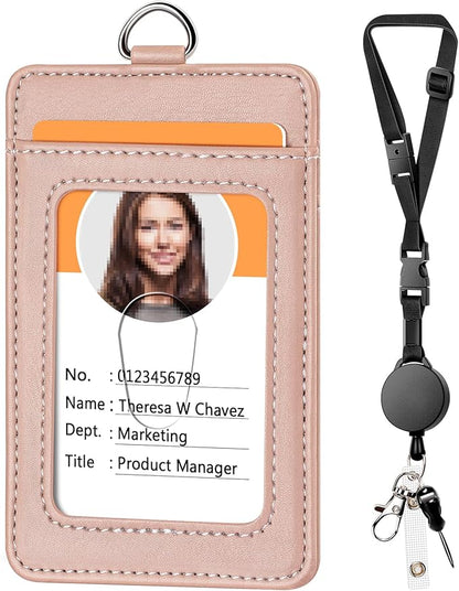 Leather Badge Holder and Adjustable Retractable Lanyards, Quick Release Buckle and Safety Breakaway Lanyards with Swivel Metal Clasp for Offices, Staff, Students, Employees