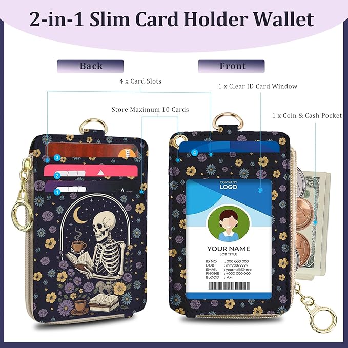Gothic Lanyard Wallet for Id Badges, Funny Skull Card Holder with Neck Lanyard Wristlet, RFID PU Leather ID Case with Adjustable Lanyard Keychain for Women Teacher Student Nurse Work Office