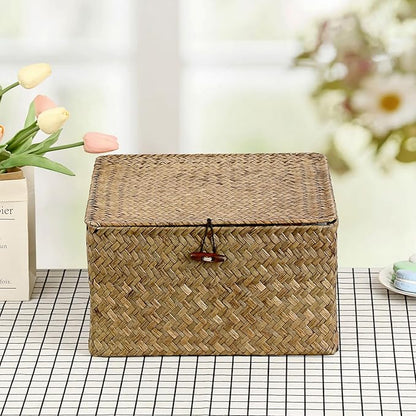 Hipiwe Handwoven Storage Box with Lid Seagrass Wicker Shelf Basket Bin Household Organizer for Bookshelf Living Room Bath Room, Coffee, X-Large