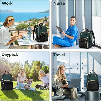 Laptop Backpack for Women Work Bag - 15.6 inch Travel Backpack with USB Charger College Bookbag Waterproof Business Computer Backpack Anti-theft Casual Backpacks for Nurse Teacher Black Green