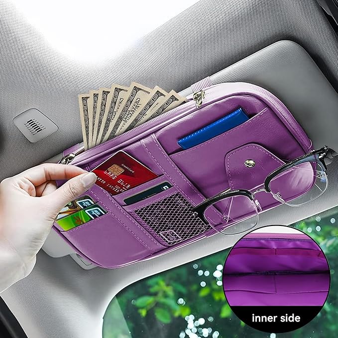 Car Sun Visor Organizer, Multi-Pocket PU Leather Sunglass Holder and Storage Pocket with Net Zipper, Card Sleeve Pocket Organizer, Auto Interior Accessories for Vehicle, Truck, SUV (Purple)