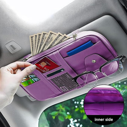 Car Sun Visor Organizer, Multi-Pocket PU Leather Sunglass Holder and Storage Pocket with Net Zipper, Card Sleeve Pocket Organizer, Auto Interior Accessories for Vehicle, Truck, SUV (Purple)