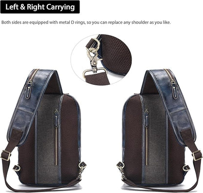 LANNSYNE Full Grain Leather Sling Bag For Men, Crossbody Bag fits 12.9" iPad Crossbody Chest Daypack