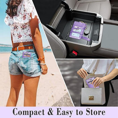 ID Badge Holder with Lanyard, Vertical Bling Shiny ID Badge Card Holder with 1 Clear ID Window, 4 Credit Card Slots, 1 Cash Coin Slot and a Detachable Neck Lanyard (Bling Purple)