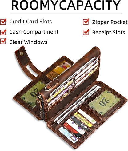 Genuine Crazy Horse Leather Travel Gift Coin Pocket Card Case Long Organizer Chain Rfid Wallet Purse With Snap For Men Male 1803 1815 (W-1819-Brown)