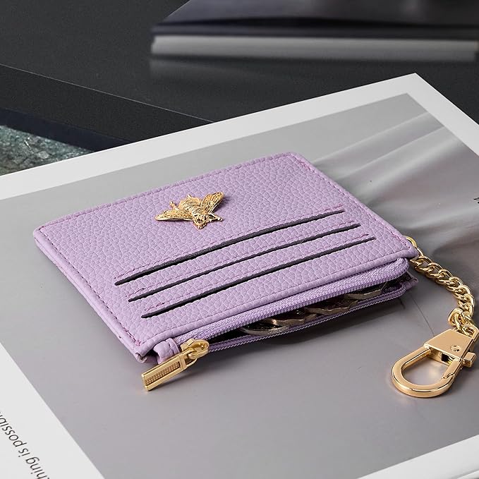SEAVILIA Card Holder Keychain Wallet for Women with ID Window RFID Blocking Coin Purse Bee Gifts Slim Minimalist Small PU Leather