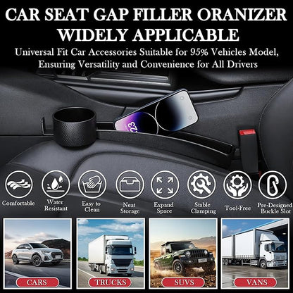 Car Seat Gap Filler Set of 2, Upgraded Car Side Seat Gap Fillers with Organizer, Cup Holder & Hook Function, Inserts Between Front Seats Console Catcher 4in1 Gap Stopper Fill Plug Storage Box (Black)