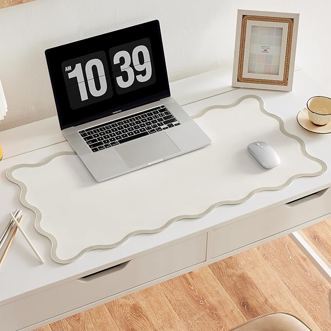 Ralxion Scalloped Desk Mat, 31.5" x 15.7", PU Leather, Waterproof Anti-Slip, Cute Aesthetic Desk Pad for Office/Home/Game/Vanity (Beige, Large)