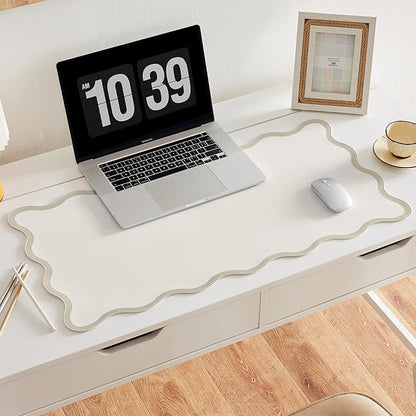 Ralxion Scalloped Desk Mat, 31.5" x 15.7", PU Leather, Waterproof Anti-Slip, Cute Aesthetic Desk Pad for Office/Home/Game/Vanity (Beige, Large)