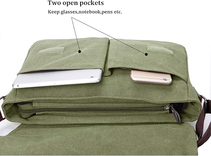 Mactso Vintage Canvas Messenger Bag for Men Women, 13.5 Inch Laptop Satchel Shoulder Bag with Multiple Pockets, Crossbody Bag for Work Travel College (Army green)