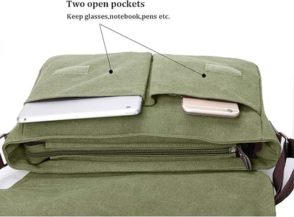 Mactso Vintage Canvas Messenger Bag for Men Women, 13.5 Inch Laptop Satchel Shoulder Bag with Multiple Pockets, Crossbody Bag for Work Travel College (Army green)