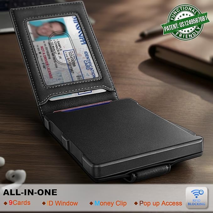 BULLIANT Men Wallet,Metal Case Money Clip with Grain Leather Flip 11 Cards-Pop-up Access Magetic Closure