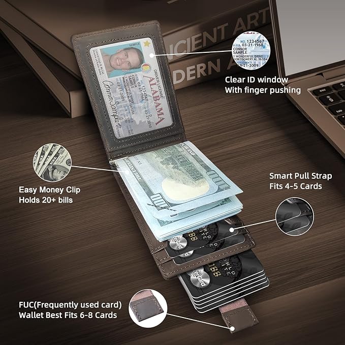 Slim Minimalist Wallet for Men- Money Clip Wallet | Bifold Men Wallets | RFID Blocking Wallet | Genuine Leather Wallets for Men | 12 Card Holder Mens Wallet | Mens Front Pocket wallet