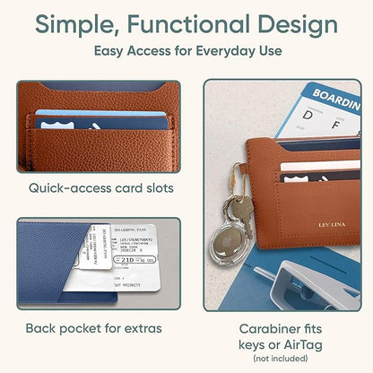 Passport Holder for Travel RFID Blocking Slim Leather Passport Wallet & Passport Book Cover Case with Gold Tone Screw Carabiner and Gift Pouch, Airport Essentials (NAVY)