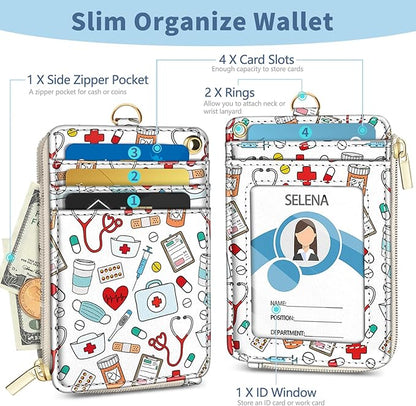 Lanyard Wallet with Id Badge Holder, Nurse RFID Small Keychain Wallet Women Wristlet, Pharmacy Cute Zipper Credit Card Holder Phone Wrist Neck Strap for Key Name Tag, Student Office Gifts