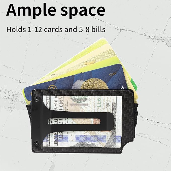 Minimalist Carbon Fiber Wallet for Men, Money Clip Cash Strap Wallet, RFID Blocking Metal Wallet Aluminum Card Holder,Front Pocket Wallet