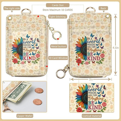 bolimoss Lanyard Wallet with Be Kind Sunflower Badge Holder, RFID ID Card Holder with Detachable Phone Lanyard Wrist Strap, Cute Small Keychain Wristlet Wallet with Zipper Pocekt, Name Tag Holder