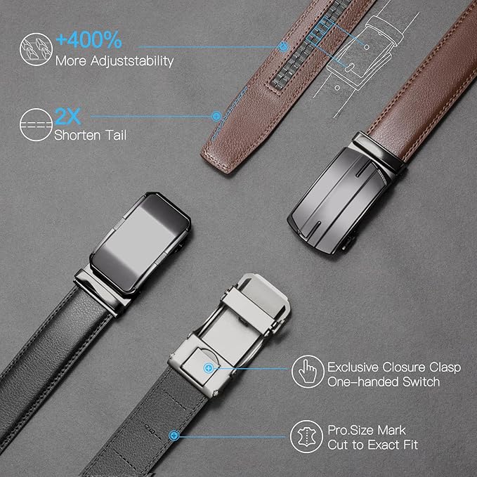 SENDEFN Men's Leather Belt Automatic Ratchet Buckle Slide Belt for Dress Casual Trim to Fit with Gift Box
