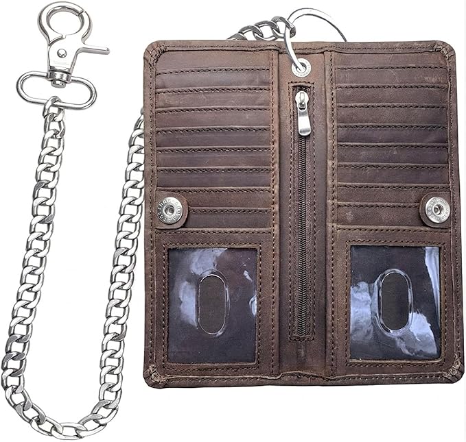 CLASSIC Motorcycle Chain Wallet for Men – Premium Cowhide Leather, RFID Bi-Fold Biker Wallet with Heavy Duty ChainBikers Truckers & Hunters, Credit Card Money Organizer Long Wallet Crazy Horse Brown