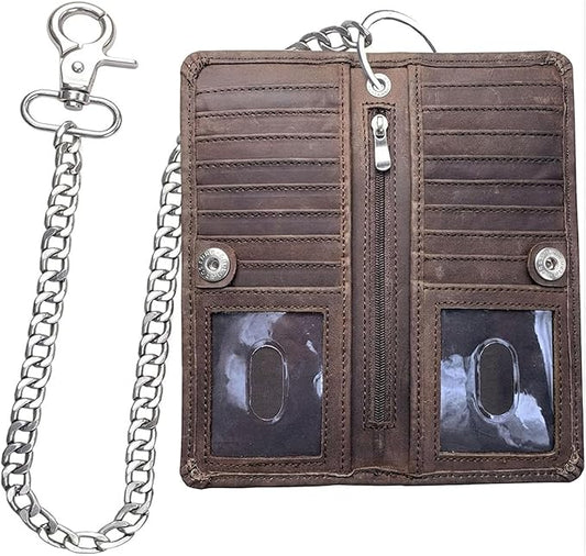 CLASSIC Motorcycle Chain Wallet for Men – Premium Cowhide Leather, RFID Bi-Fold Biker Wallet with Heavy Duty ChainBikers Truckers & Hunters, Credit Card Money Organizer Long Wallet Crazy Horse Brown
