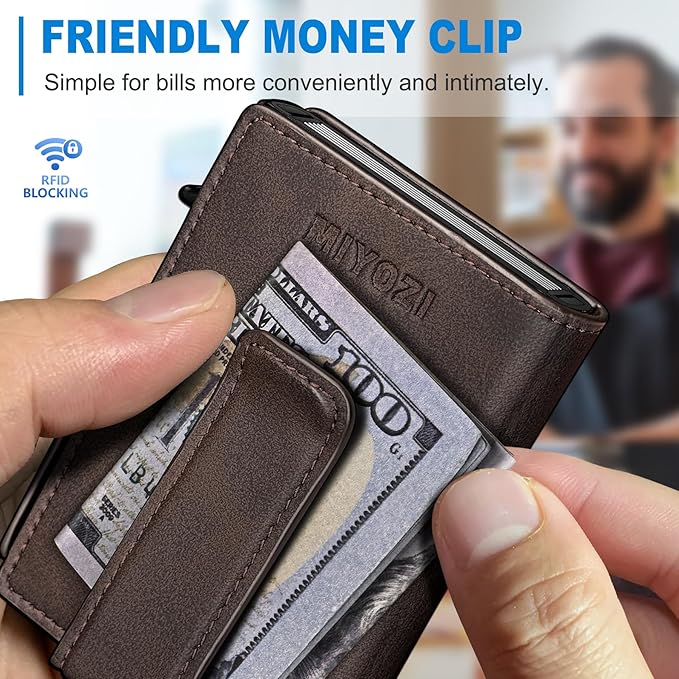 miyozi Wallet for Men, Magnetic Minimalist Slim Wallet with Pop Up Card Holder, 9 Cards RFID Blocking Metal Credit Card Case, Leather Wrapped Money Clip, ID Window & Small Item Slot, Gift Boxed