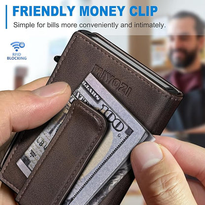 miyozi Wallet for Men, Magnetic Minimalist Slim Wallet with Pop Up Card Holder, 9 Cards RFID Blocking Metal Credit Card Case, Leather Wrapped Money Clip, ID Window & Small Item Slot, Gift Boxed