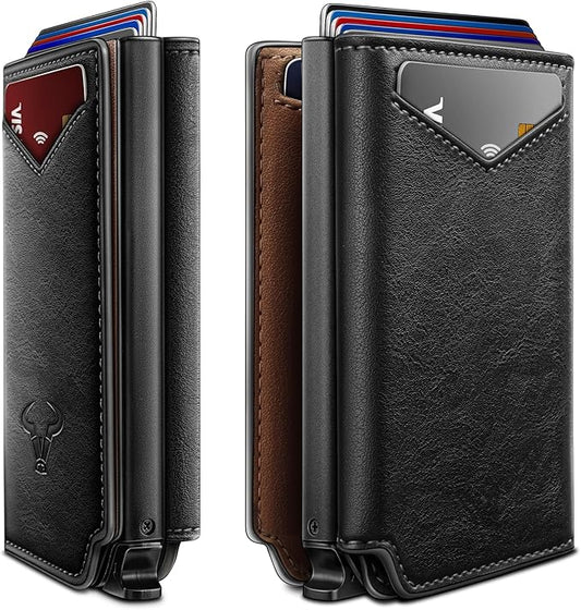 BULLIANT Men Wallet Leather Wallet Card Holders Money Clip for Men 10Cards-Magnetic Flip on Metal Case