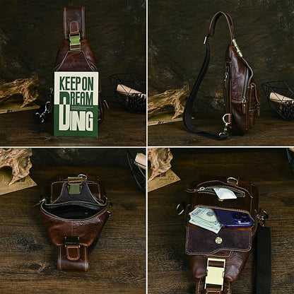 Genuine Leather Hiking Travel DayPack Sling Crossbody Triangle Chest Pack Bag For Men Women 8241 (8241 Dark Coffee)
