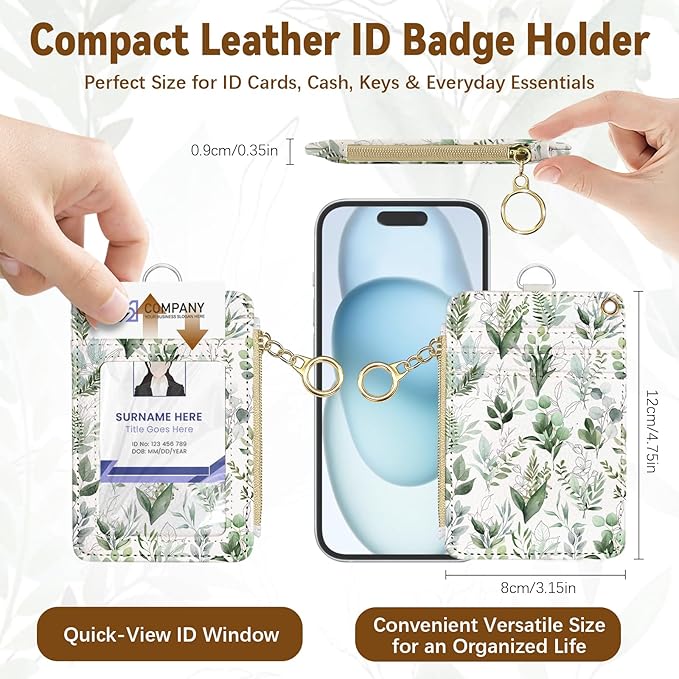 Cute Leather Badge Holder with Zipper Pocket, Leaves Lanyards and 1 Zip Pocket and 4 Card Slots, Breakaway Lanyards with Metal Clasp for Offices, Staff, Adult, Employees