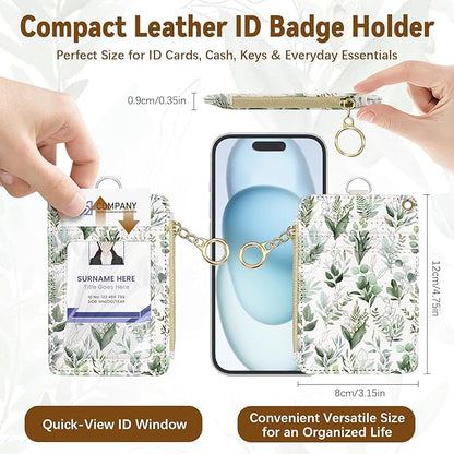 Cute Leather Badge Holder with Zipper Pocket, Leaves Lanyards and 1 Zip Pocket and 4 Card Slots, Breakaway Lanyards with Metal Clasp for Offices, Staff, Adult, Employees