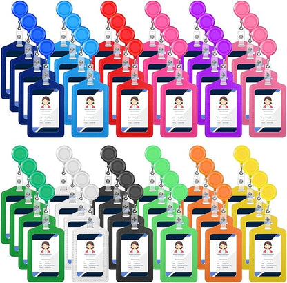 48 Sets Retractable Badge Reels with PU Leather ID Card Holders, Multicolor Vertical Badge Holder Reel Clip for Office, Nurse, Teacher, Doctor
