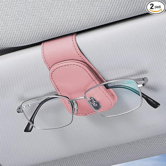 2PCS Sunglasses Holders for Car Sun Visor, Leather Eyeglasses Hanger Mounter, Magnetic Glasses Holder and Ticket Card Clip, Universal Auto Interior Accessories (Pink, 1PCS)