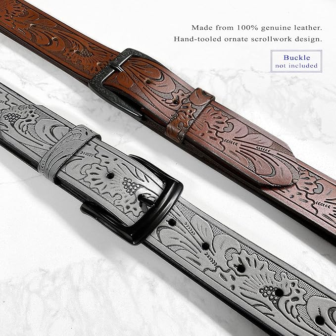Western Floral Engraved Embossed Tooled Genuine Leather Belt Strap or Belt 1-1/2"(38mm) Wide, Multi-Style Options