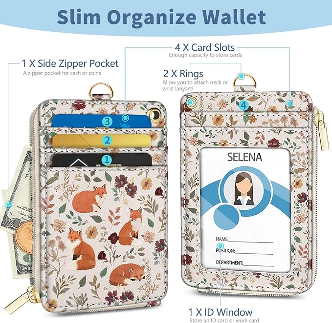 Lanyard Wallet with Id Badge Holder, Foxes RFID Small Keychain Wallet Women Wristlet, Cute Zipper Credit Card Holder Phone Wrist Neck Strap for Key Name Tag, Teacher Student Office Gifts