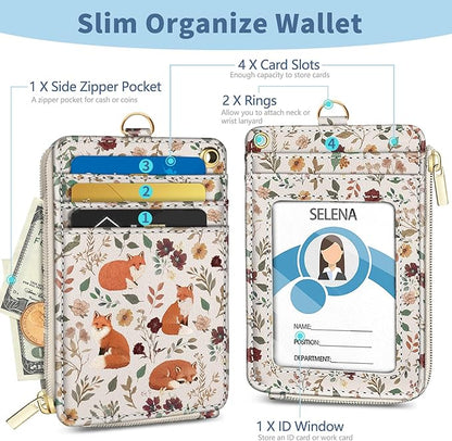 Lanyard Wallet with Id Badge Holder, Foxes RFID Small Keychain Wallet Women Wristlet, Cute Zipper Credit Card Holder Phone Wrist Neck Strap for Key Name Tag, Teacher Student Office Gifts