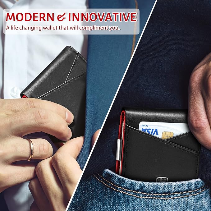 GSOIAX Slim Leather RFID Bifold Wallet for Men Minimalist Front Pocket Wallet with Money Clip,12 Card Slots,ID Window,Cool Groove Design,Includes Gift Box (Leather Black Red)