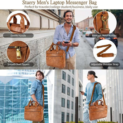 Faux Leather Messenger Bag for Men 15.6 Inch: Laptop Bag Briefcase Computer Handbags Shoulder Crossbody Bag with Padded Laptop Sleeve for Work College Travel, PU Brown