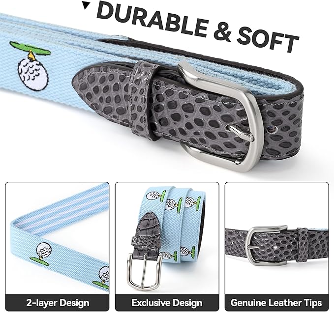 Mile High Life Golf Belts for Men, Canvas Belt with Genuine Leather Tips, Embroidered 2 Layer Web Belt with Pin Buckle