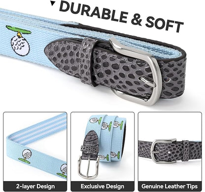 Mile High Life Golf Belts for Men, Canvas Belt with Genuine Leather Tips, Embroidered 2 Layer Web Belt with Pin Buckle