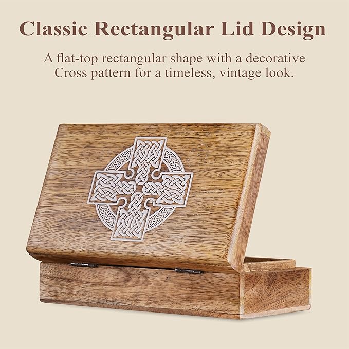 Ajuny Handmade Decorative Wooden Jewelry Box Celtic Cross Design Multipurpose Treasure Chest Storage Organizer Trinket keepsake Necklaces Watch Boxes, Great Gifts - 8x5 Inch