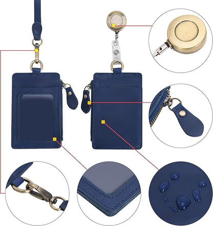 Wonderpool Leather ID Badge Holder with Zipper Wallet Pouch - Card Slots Case Detachable Neck Lanyard and Retractable Badge Reel for Office School Hospital Exhibition ID (Blue)