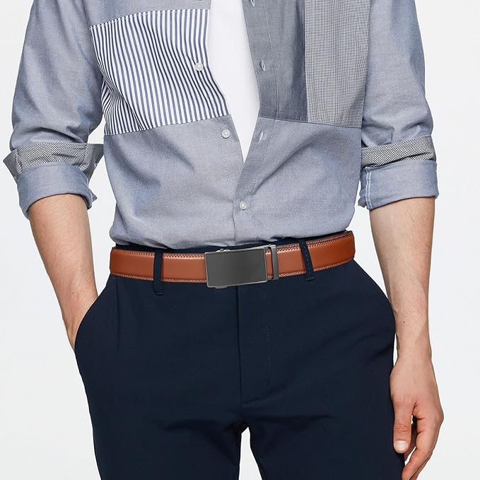 Founders & C Men's Ratchet Belt 1 3/8",Leather Dress Belt Adjustable with Click Sliding Buckle Trim to Exact Fit