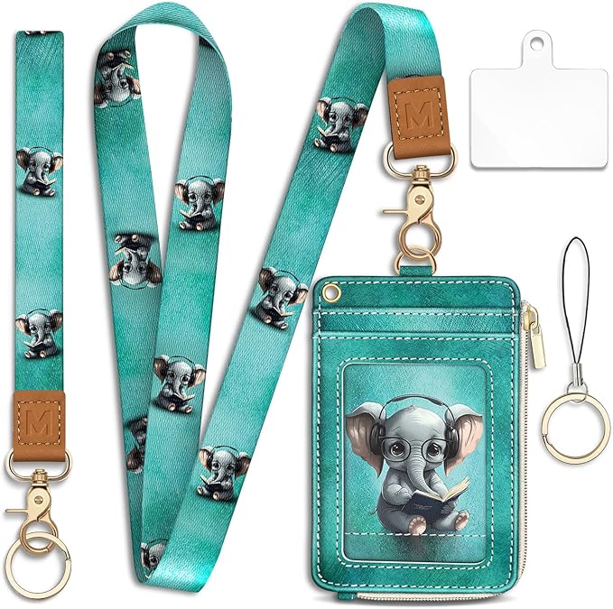 Lanyard Wallet with Id Badge Holder, Elephant RFID Small Keychain Wallet Women Wristlet, Cute Zipper Credit Card Holder Phone Wrist Neck Strap for Key Name Tag, Teacher Student Office Gifts