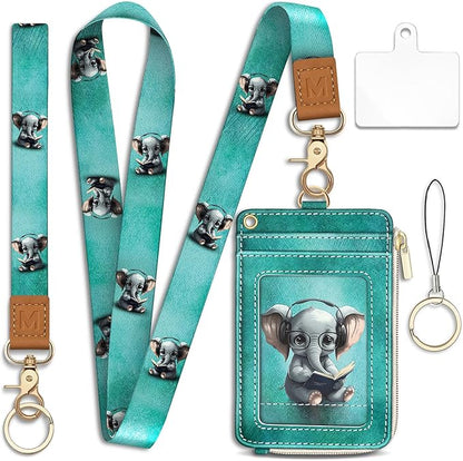 Lanyard Wallet with Id Badge Holder, Elephant RFID Small Keychain Wallet Women Wristlet, Cute Zipper Credit Card Holder Phone Wrist Neck Strap for Key Name Tag, Teacher Student Office Gifts